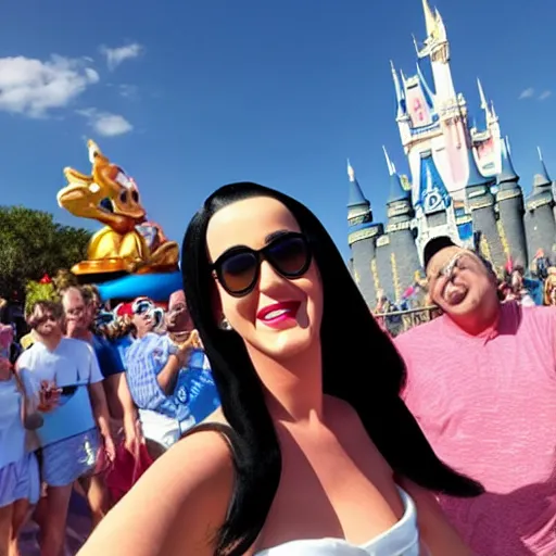 Prompt: katy perry takes a selfie in front of the disney world