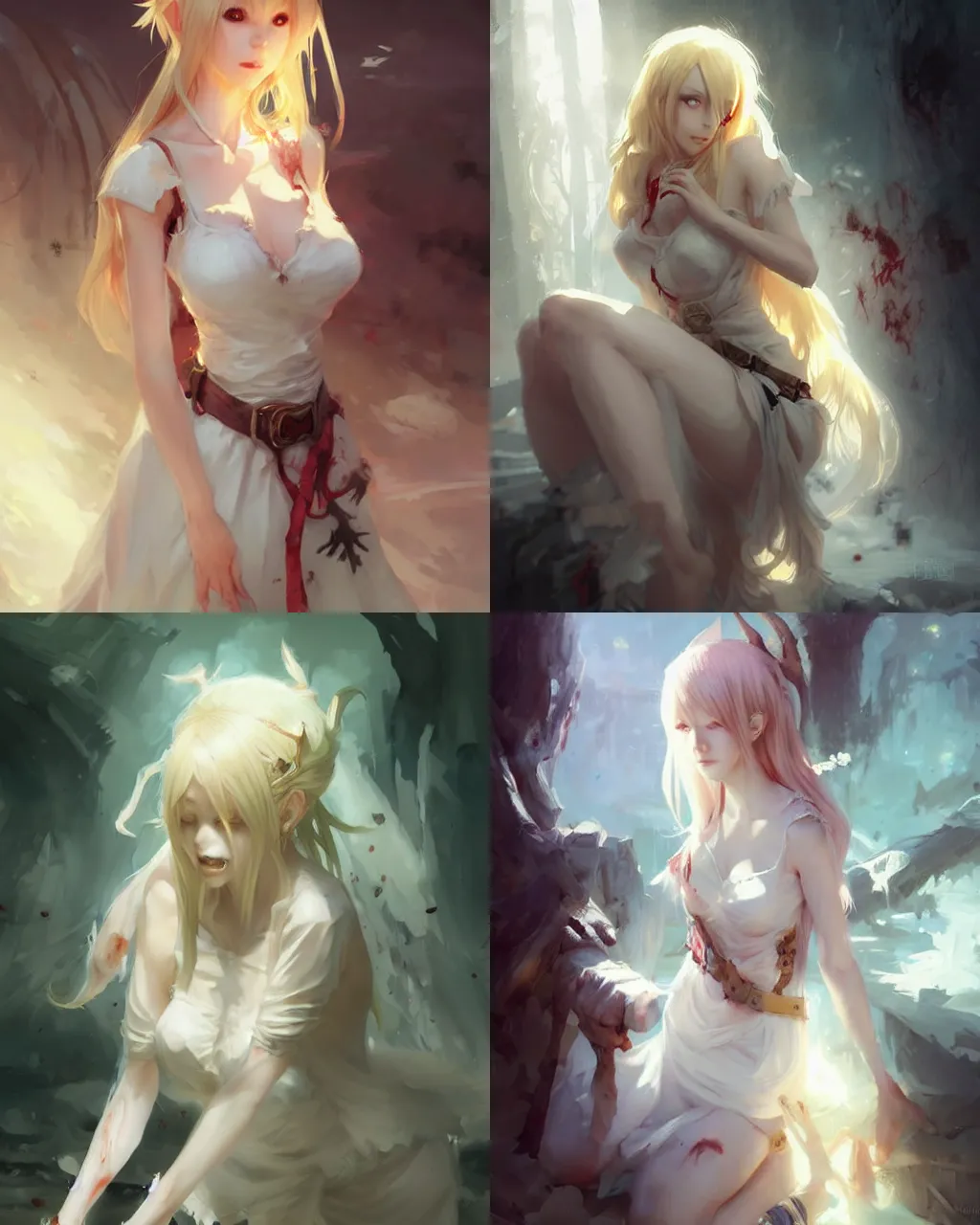 Prompt: damages zombie elf girl with blonde hair and white dress, half - length photo, illustration, perfectly shaded, atmospheric lighting, by wenjun lin an krenz cushart