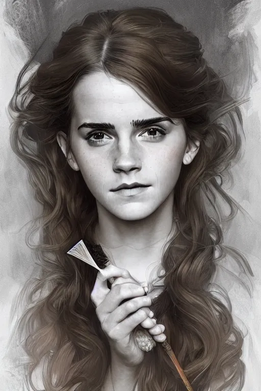 Image similar to beautiful cottagecore emma watson as hermione holding a magic wand, magical Hair, magical forest, intricate, elegant, highly detailed, digital painting, artstation, concept art, smooth, sharp, focus, illustration, art by artgerm and greg rutkowski and alphonse mucha