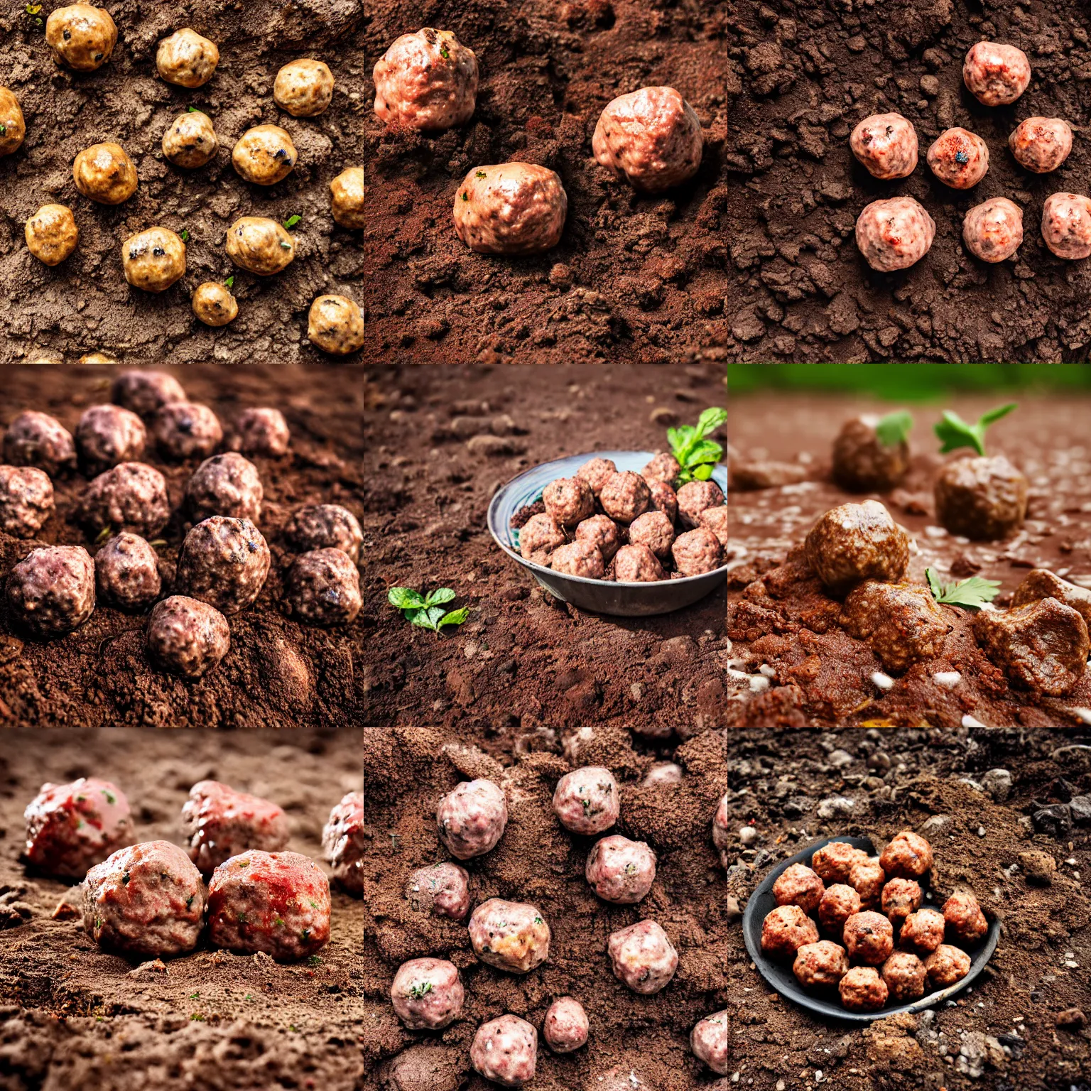 Prompt: swedish meatballs on the ground sitting in dirt with dirt on them, photorealism, hyperrealism photography hyper real resolution cinematic
