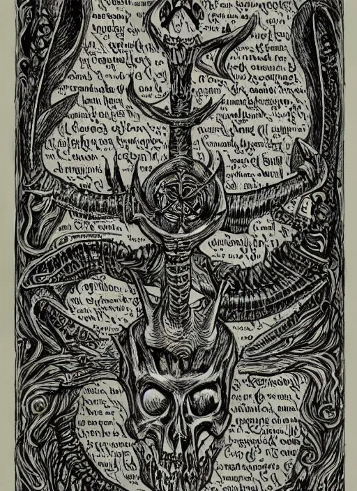 Prompt: a full page scan of handwritten evil spells, illustrated, intricate writing, knives made of human bones, satanic, evil, grimoire page, necronomicon style