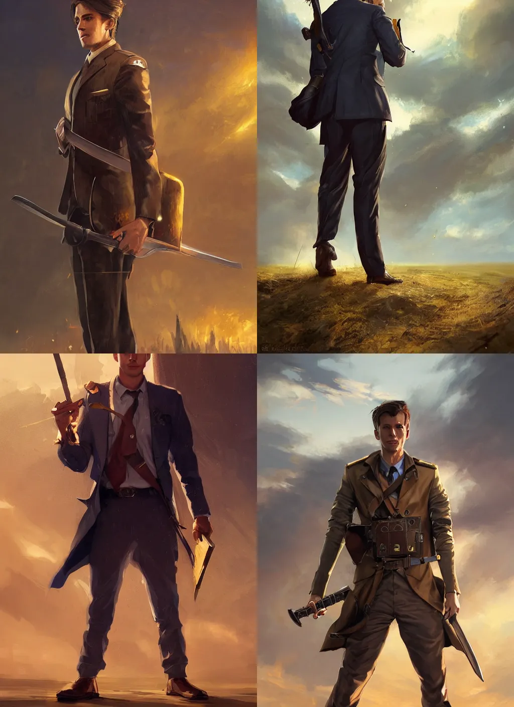 Prompt: cinematic full body artwork of a man in his twenties with brown hair wearing a blue business suit and holding a briefcase in one hand and a golden hilted sword in the other hand, standing defiantly on a battlefield by Greg Rutkowski, 4k, masterpiece