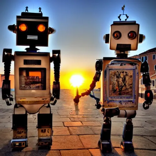 Prompt: two robots who faill in love in venice, sunset golden hour