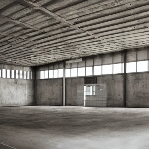 Prompt: warehouse interior in the brutalist style