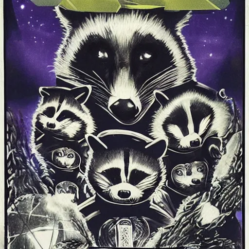Image similar to 1 9 7 0's award winning sci - fi movie, a group of raccoons wearing dark cult robes look towards the camera in surprise and anger as they perform a dark occult evil ceremony inside the secret lair of an underground mystery cult, dramatic candlelight, pentagrams, ultra - detailed, photorealistic, 4 k
