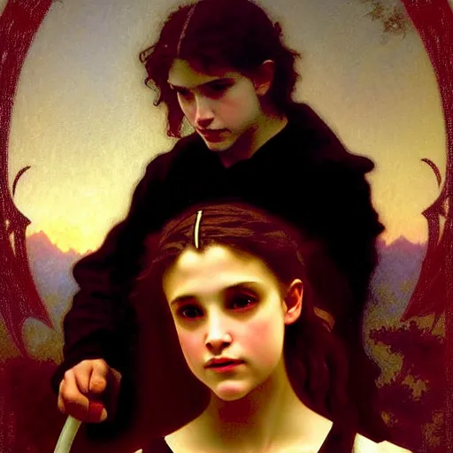 Prompt: twilight version of stranger things, portrait of edward and bella by william - adolphe bouguereau in the style of gaston bussiere, art nouveau