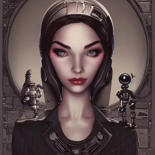 Image similar to Lofi portrait with robot, Pixar style by Joe Fenton and Stanley Artgerm and Tom Bagshaw and Tim Burton