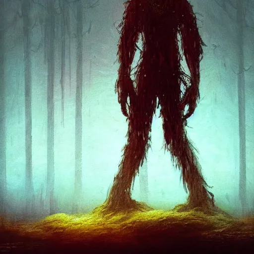Image similar to creepy ruined abandoned fnaf character, fnaf animatronic rising from the lagoon at night, creepypasta, lamps in the night sky, greg rutkowski, creepy dark beksinski painting, vhs footage