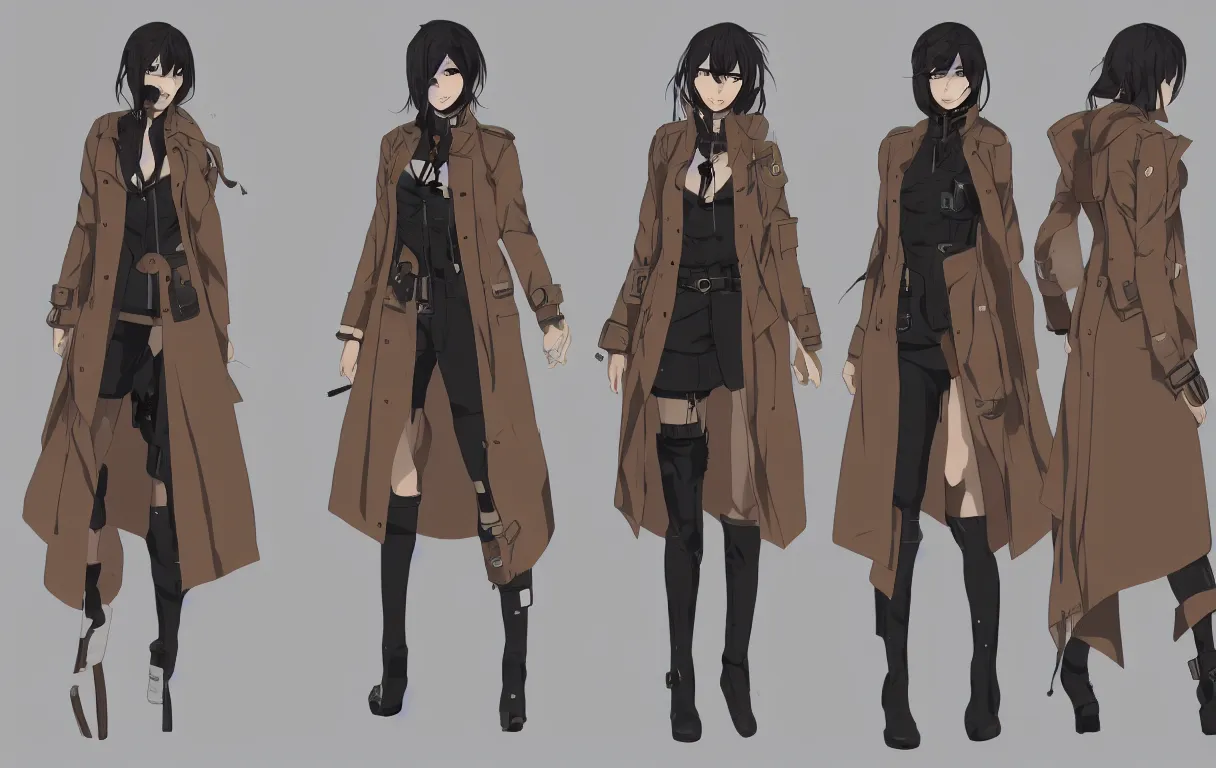 Prompt: a series of character outfit concepts for a beautiful female anime cyberpunk police special detective wearing a very long and heavy beige trench coat, boots, long pants; each design is centred and arranged in a straight line; clear character silhouette, high clarity outfit design; perfect anatomy; layered clothing, techwear; trending on artstation; clear shapes, clean edges, full body