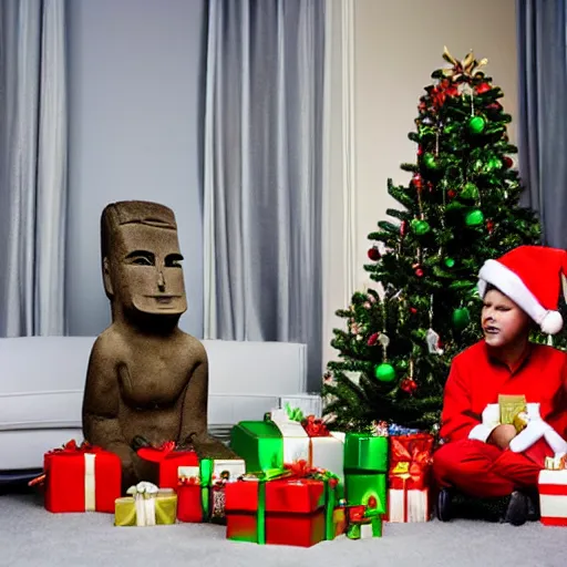 Image similar to a kid at christmas disappointed and crying looking a giant moai statue, his hands buried in his face, sitting down, looking disgusted and annoying | inside of a house next to a christmas tree, large opened present box next to the moai