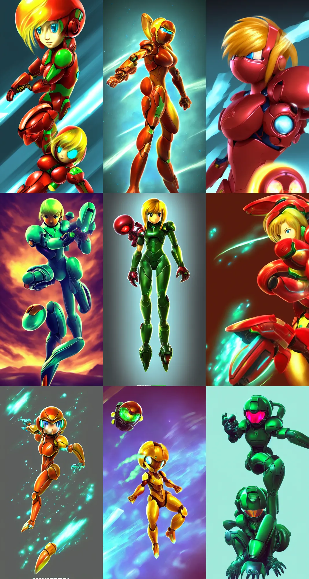 Prompt: metroid, chibi samus, nintendo, concept art, wallpaper, desktop background, minimalist, behance, artstation, deviantart, octane render