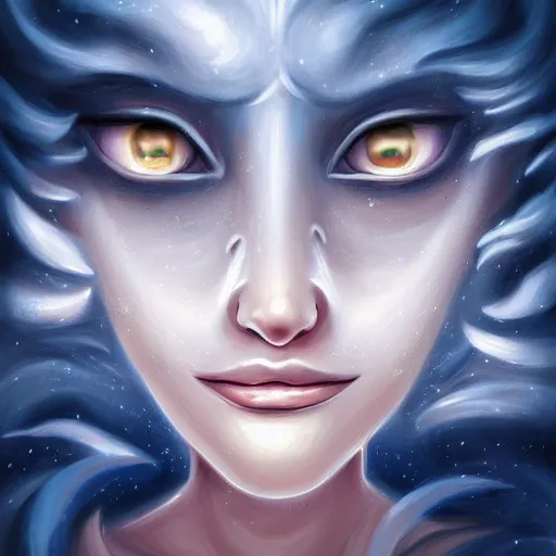 Image similar to by cyril rolando sigma 8 5 mm f / 1. 4, ghostly fresco. a beautiful painting of a human face with a bird's beak protruding from the forehead.