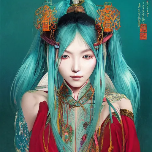 Image similar to a beautiful portrait of hatsune miku with teal colored hair with deep red highlight streaks in her hair dressed as a ancient chinese sorceress, intricate, elegant, highly detailed, digital painting, artstation, concept art, matte, sharp focus, illustration, art by greg rutkowski and alphonse mucha