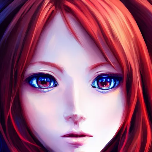 Image similar to portrait of a beautiful cute redhead from anime with big blue eyes, fantasy, intricate, elegant, highly detailed, digital painting, artstation, concept art, smooth, sharp focus, illustration, landscape on background