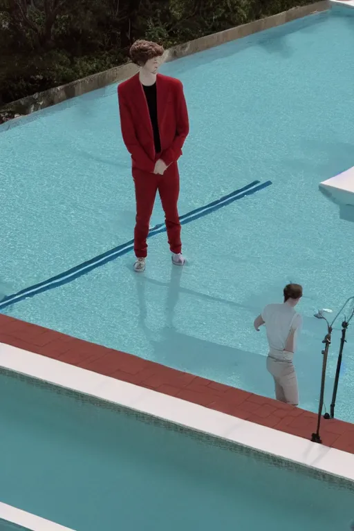 Image similar to troye sivan standing on the diving board, red weapon 8 k s 3 5, cooke anamorphic / i lenses, highly detailed, cinematic lighting