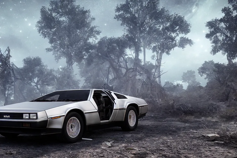 Prompt: ultra realistic delorean dmc 5 with pop - up headlights drifting on ancient highway wreckage in space, dark cinematic, volumetric, realistic, 3 d render, realistic render, cinematic lighting, volumetric lighting, atmospheric, cinematic, unreal engine 5, unreal engine render, octane render, hd, photorealism, hyper realistic, 8 k