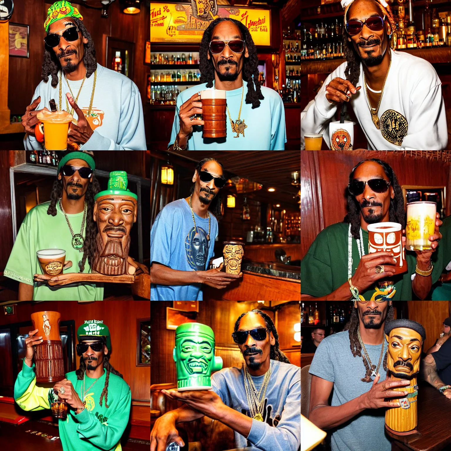 Image similar to snoop dogg at trader vic's bar holding a tiki mug with his face on it