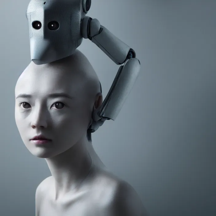 Image similar to cinematic portrait of woman from left, head and clothed chest only, exotic alien features, robotic enhancements, desaturated, in the style of studio ghibli