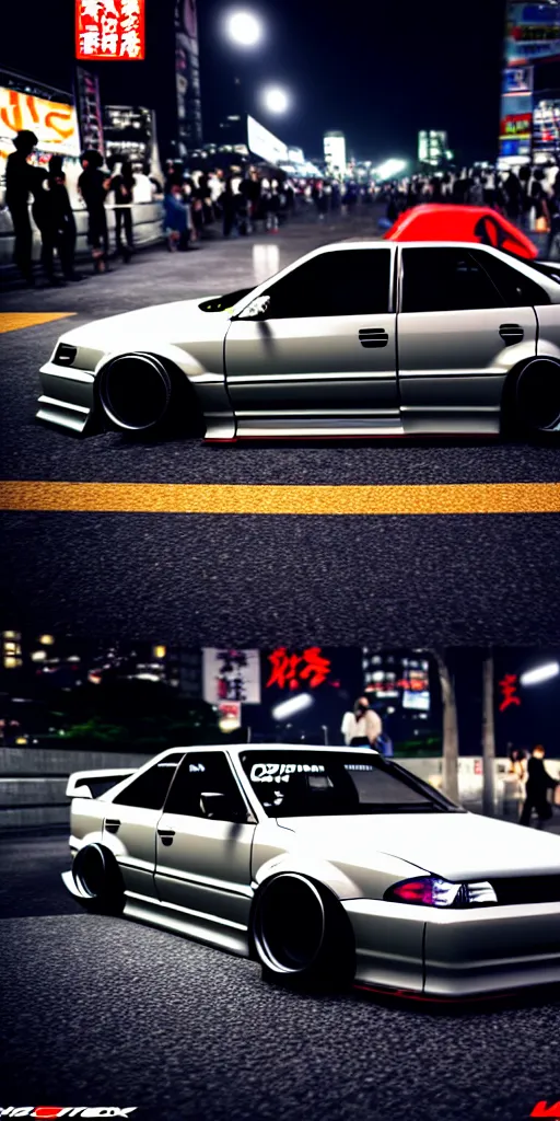 Image similar to a car JZX100 twin turbo drift at illegal car meet, Shibuya prefecture, city midnight mist lights, cinematic lighting, photorealistic, highly detailed wheels, high detail