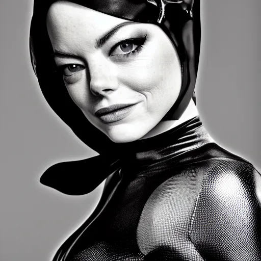 Image similar to Fully-clothed full-body portrait of Emma Stone as catwoman, XF IQ4, 50mm, F1.4, studio lighting, professional,