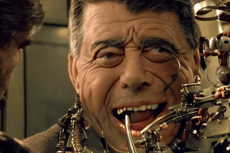 Image similar to a cinematic portrait of jerry lewis fusing with a mechanical monstrosity, hyperdetailed, fritz lang and shinya tsukamoto, 8 k, hd, high resolution, 8 5 mm, f / 1. 8