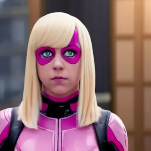 Image similar to A still of Gwenpool in Deadpool 3 (2023), blonde hair with pink highlights, no mask, looking directly at the camera