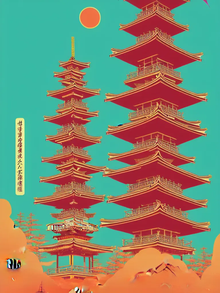 Image similar to a travel poster illustration depicting a japanese pagoda, vintage style, detailed illustration, digital painting, vector art, trending on artstration, by anton fadeev, by alena aenami