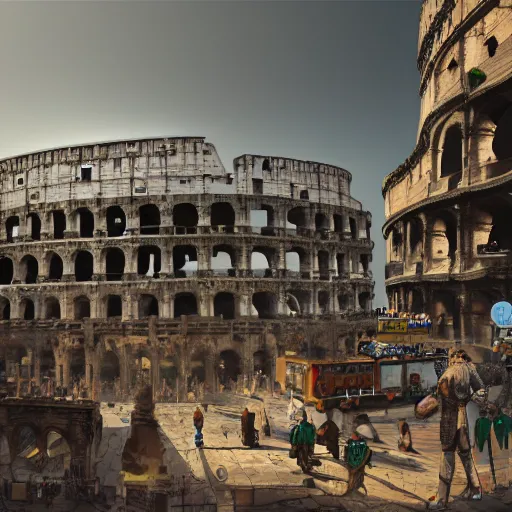 Prompt: busy d & d city with a colosseum in the distance, first person street view, artstation