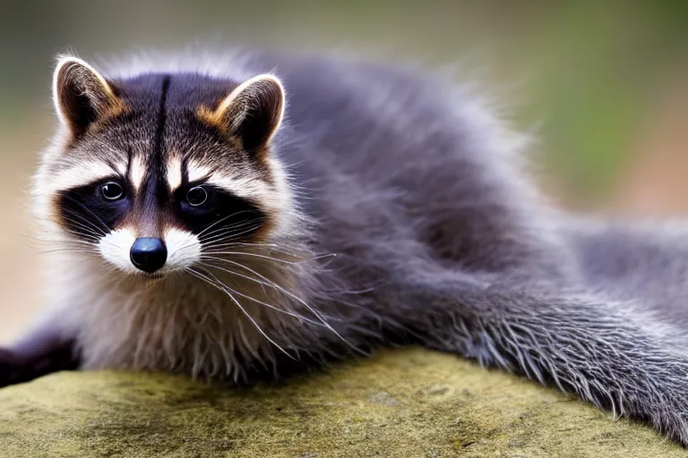 Image similar to a cat!!! racoon hybrid! hyper realistic!! realistic lighting!! wildlife photographer of the year!!! bold natural colors, national geographic, hd, wide angle, 8 k