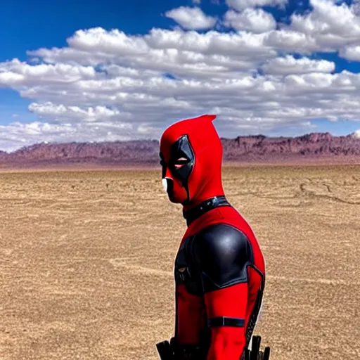 Image similar to deadpool sticking his head out of empty drained lake mead