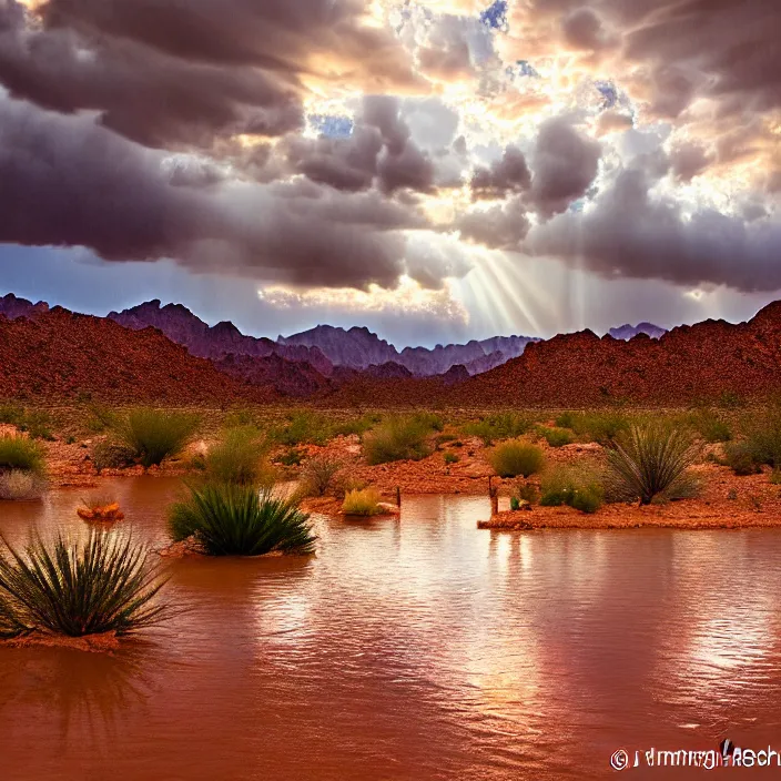 Image similar to hyper realistic, high detail photo of desert oasis monsoon, beautiful, bright lighting