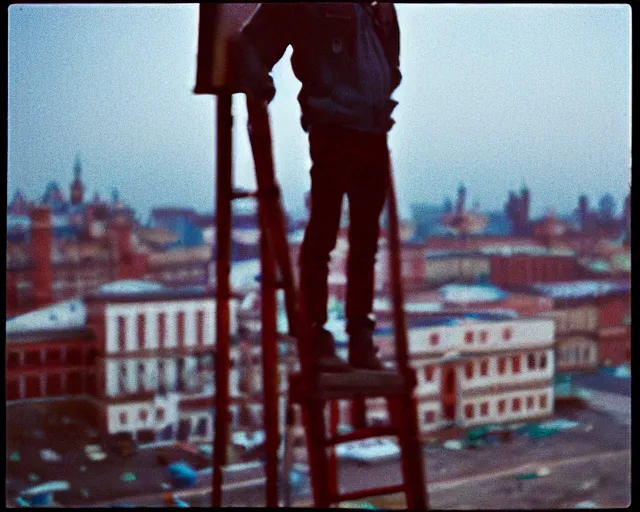 Image similar to lomo photo of man standing on the roof of soviet hrushevka, small town, cinestill, bokeh, out of focus