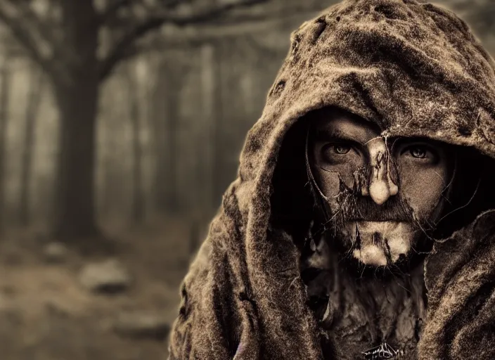 Prompt: character and environment photography, portrait 2 0 - year - old male druid, biomechanical eye!!!, tattered hood and robe, infested bear standing, medium shot, wide angle, 2 0 0 px, low key