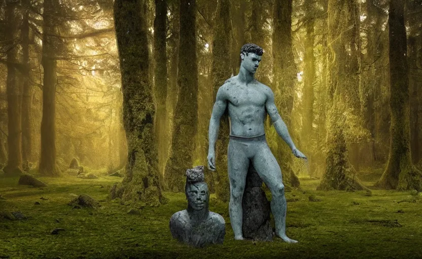 Image similar to a mossy marble statue of Cristiano Ronaldo abandoned in the middle of a forest near a lake at sunset by Greg Rutkowski, concept art, godrays, complementary colors, calm, relaxing, beautiful landscape, highly detailed, high quality, 4k HDR, path tracing, serene landscape, high coherence, soft lighting