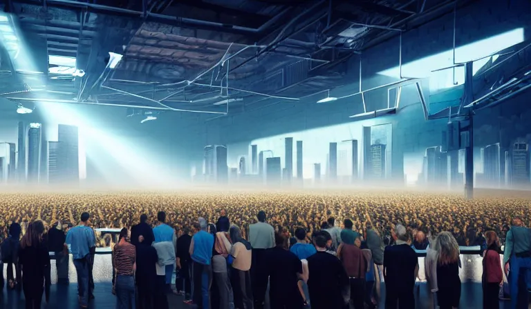 Image similar to crowd of people in blank walled warehouse, looking at hologram of futuristic city on a table, cinematic concept art, godrays, golden hour, natural sunlight, 4 k, clear details, tabletop model buildings, center model buildings, hologram center, crane shot, crane shot, crane shot