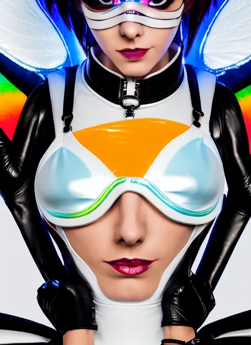 Image similar to portrait bust digital artwork of tracer overwatch, wearing white iridescent rainbow latex and leather straps catsuit outfit, 4 k, expressive happy smug expression, makeup, in style of mark arian, angel wings, wearing detailed black leather collar collar collar collar, chains, black leather harness, detailed face and eyes,