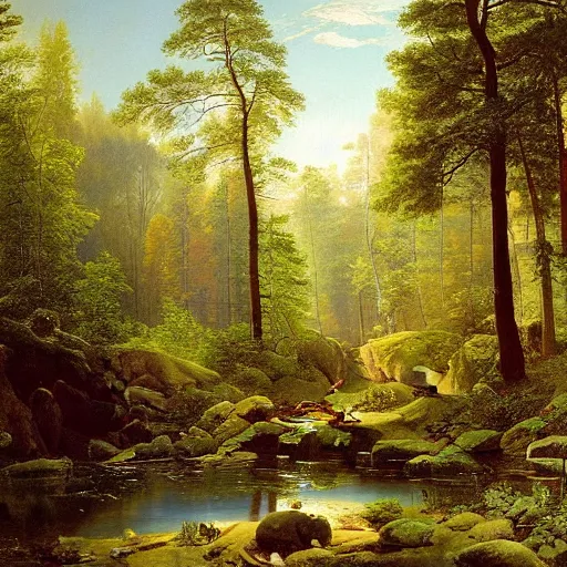 Image similar to a forest oasis, rock pools, harmony of nature, infinite dawn, angelic light, sparkling dew, by asher brown durand, by ivan shishkin,