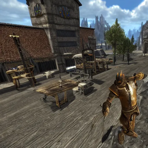 Prompt: chris morris delivers news in the town square, 3 dcg, skyrim, oblivion, morrowind, pc game, gameplay screenshot