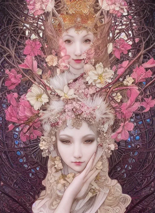 Image similar to a photographic portrait of a anthropomorphic cherry - blossom goddess spirit, fantasy, tarot esoteric, intricate, elegant, highly detailed, digital painting, artstation, concept art, smooth, sharp focus, illustration, art by artgerm and h r giger and alphonse mucha