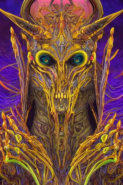 Image similar to Elden Ring and psychedelic themed painting of majestic chromatic biomechanical anatomical human demon Anubis pharaoh ceremonial bloodstained mask closeup face, golden ratio concept, Neo-Gothic concept, infinity hieroglyph waves, intricate artwork masterpiece, very coherent artwork, cinematic, full frontal facial features by Artgerm, art by H.R. Giger, Joseph Michael Linsner, Alex Grey, Johnatan Wayshak, Moebius, Ayami Kojima, very anatomically coherent artwork, trending on cgsociety, ultra high quality model, production quality cinema model, high detail chromatic ink outline, octane render, unreal engine 8k, hyper realism, high detail, octane render, unreal engine, 8k, High contrast