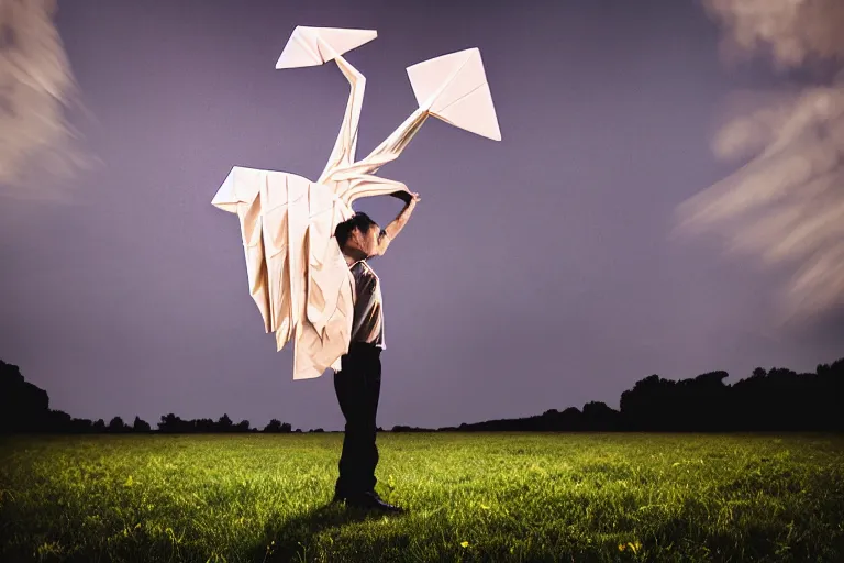 Image similar to a man made of origami dancing, dramatic lighting, with bokeh effect in a sunny meadow