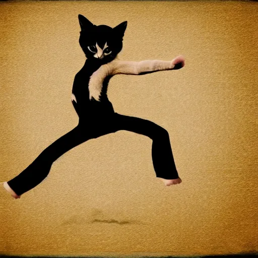Prompt: karate kid kitten!!!! Doing a crane kick, in style of 80s movie montage, blur, kanji writing background,