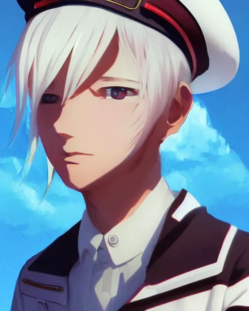 Image similar to a longshot 3 / 4 view portrait of a feminine anime boy with white hair wearing soviet sailor outfit and a sailor hat, digital painting, pixiv, artstation, art by artgerm ilya kuvshinov makoto shinkai and ( valentin bernardsky ), watercolor, sharp focus, cute, kawaii, high quality