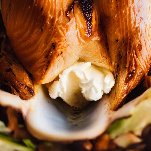 Prompt: a photograph of an ice cream cone growing out of a roast turkey like a mushroom. Shallow depth-of-field