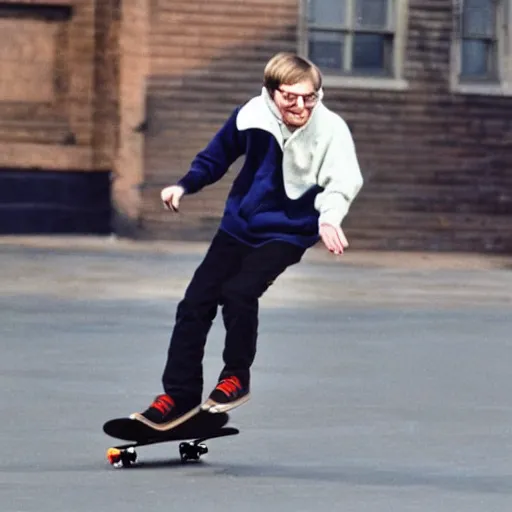 Image similar to Stephen Hawking skateboarding in a hoodie.