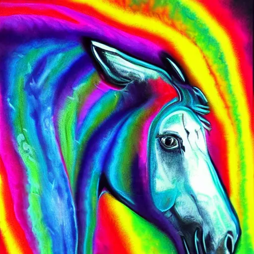 Prompt: psychedelic portrait painting of a horse emerging from a black hole in space