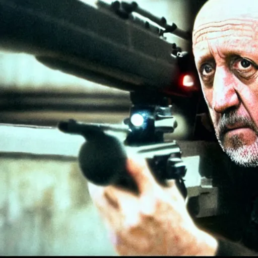 Image similar to Film still of Mike Ehrmantraut aiming with a !!!sniper rifle!!!, 4k, !!highly detailed!!