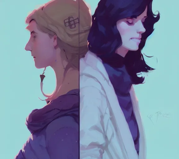 Prompt: portrait violet and caitlyn, arcane, by atey ghailan, by greg rutkowski, by greg tocchini, by james gilleard, by joe fenton, by kaethe butcher, dynamic lighting, gradient light blue, brown, blonde cream and white color scheme, grunge aesthetic