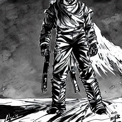 Image similar to Joseph Joestar stands on the moon, manga art, Yoji Shinkawa, Ink style