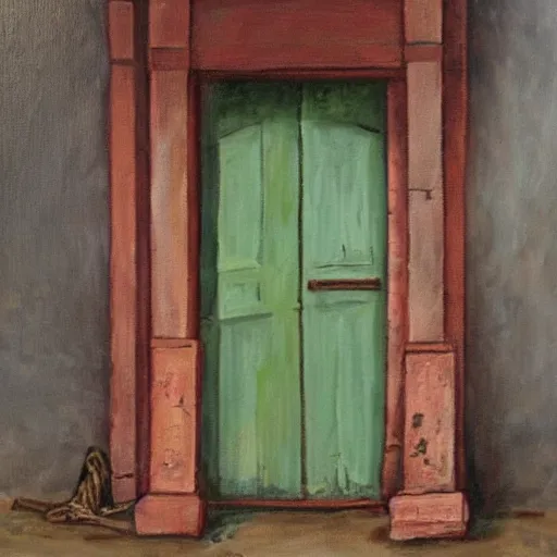 Image similar to a scary painting of a door in an moldy dusty frame